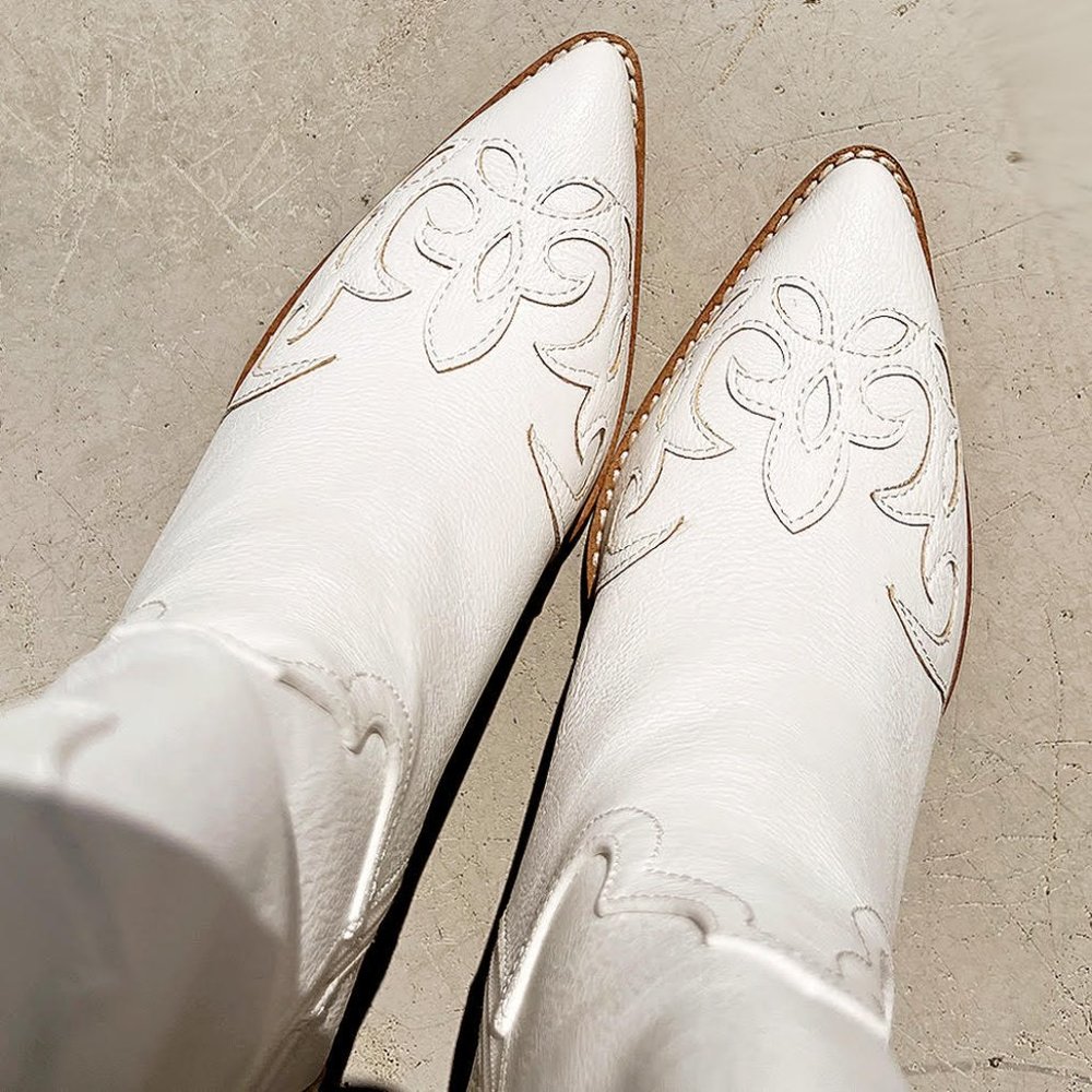 NEW White Western Cowgirl Cutout Applique Pointy Toe Block Heel Mid Calf Boots - Picture 6 of 12